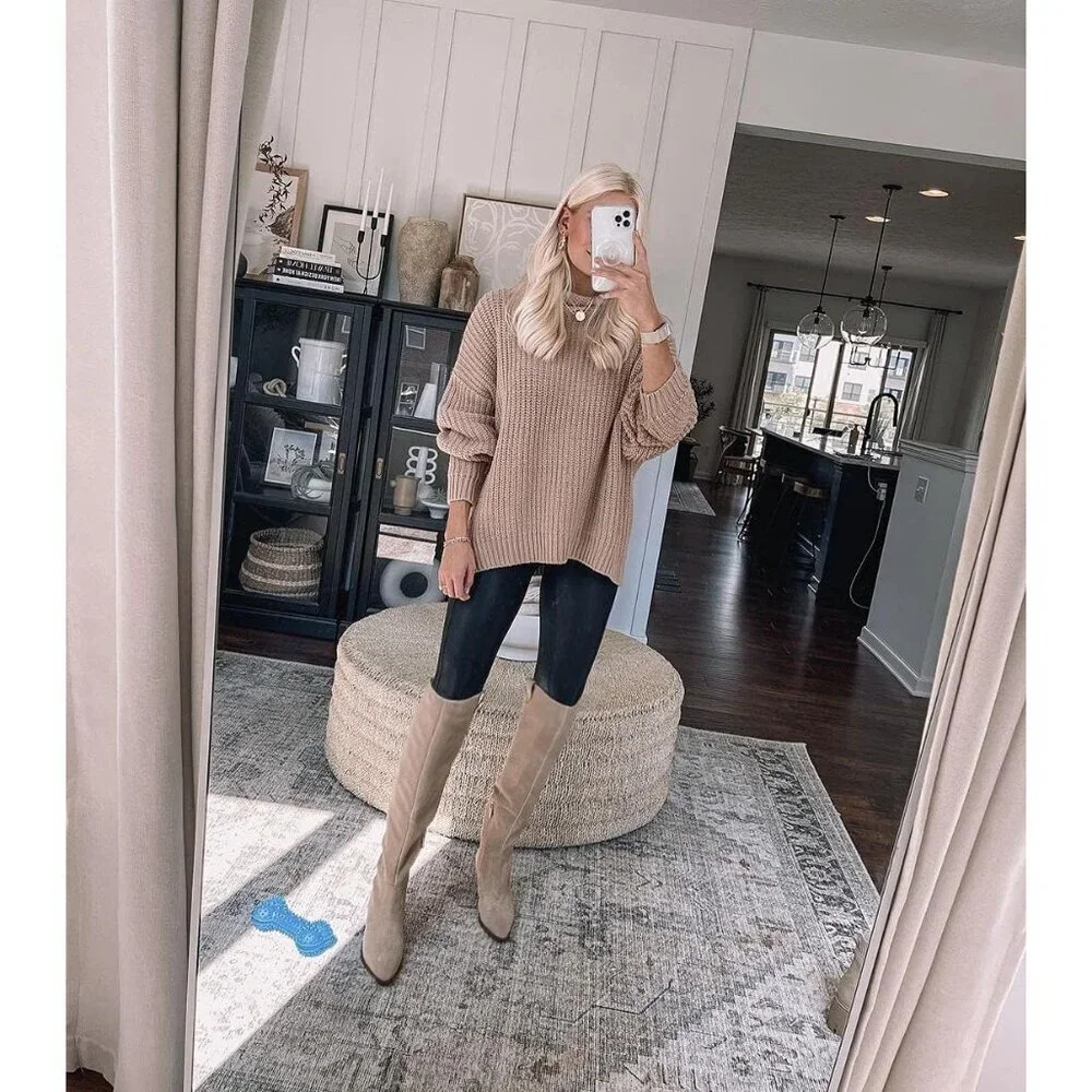 Womens Brown Faux Suede Knee High Side Zipper Chunky Heel Stretch Winter Boots